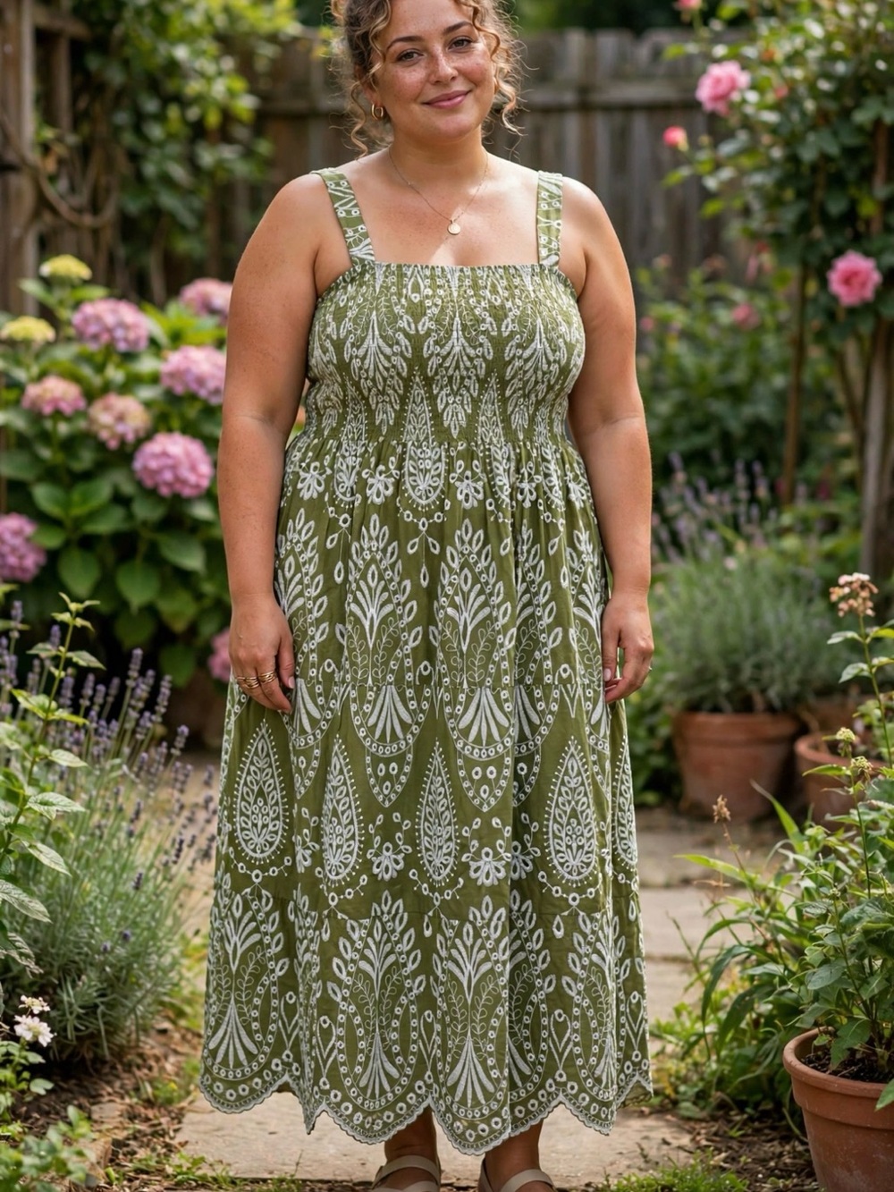 Olive Green Paisley Print Smocked Sundress